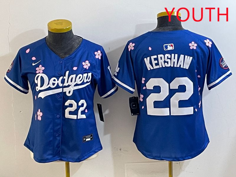 Youth Los Angeles Dodgers 22 Kershaw Blue White Blue Sakura Edition 2025 Nike MLB Jersey style 2